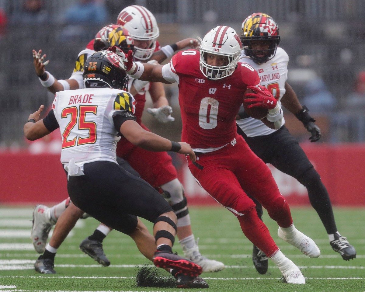 Wisconsin running back Braelon Allen runs the ball against Maryland